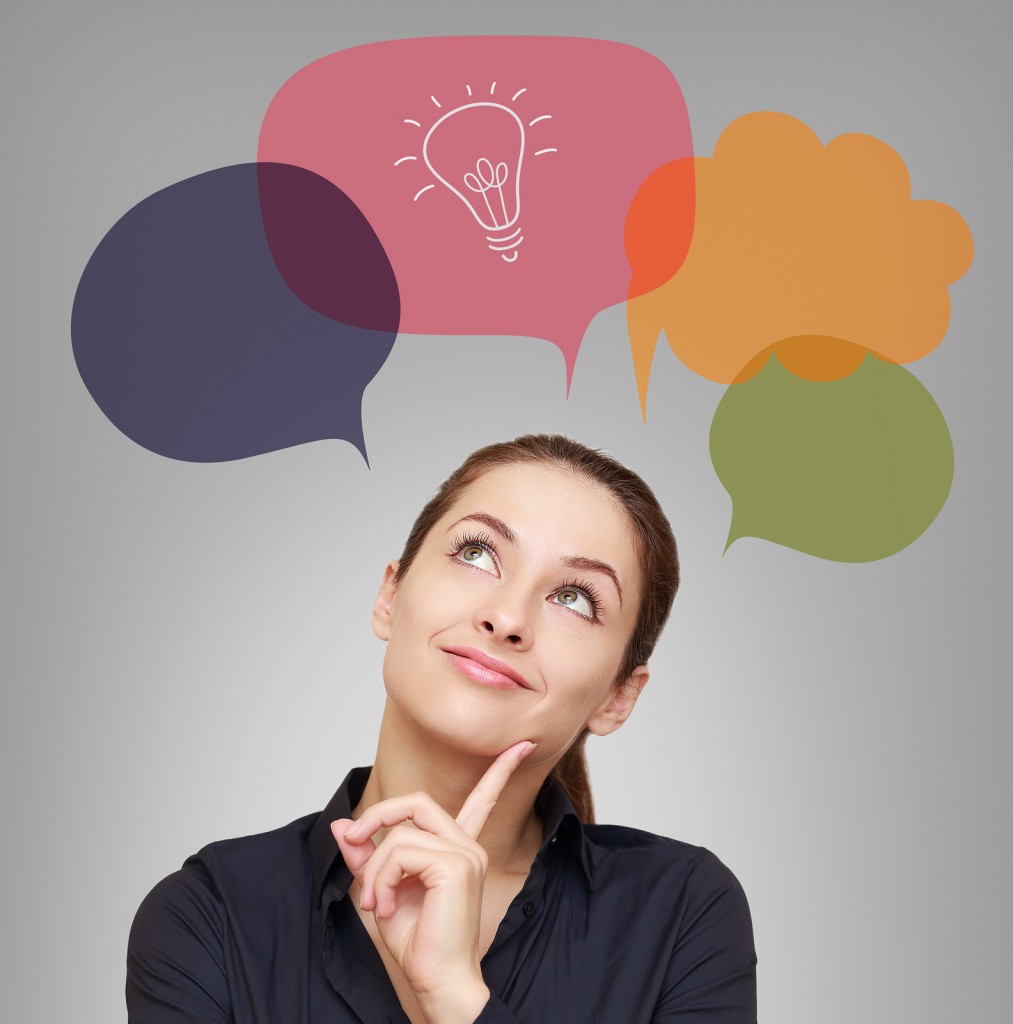 Thinking Business Woman With Idea Bulb In Bubble On Grey Backgro